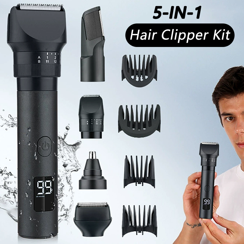 Mens Grooming Barber - 5-in-1 Draadloze Haarkapper met LED-display, Baarden-/neustrimmer