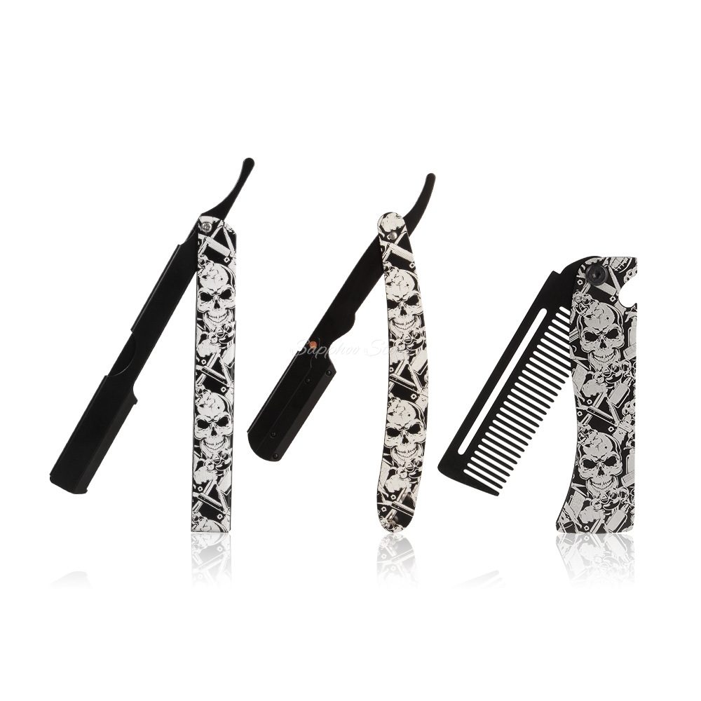 Mens Grooming Barber - 2026 Barbier Vouwmes Scheerset Schedelpatroon Metalen